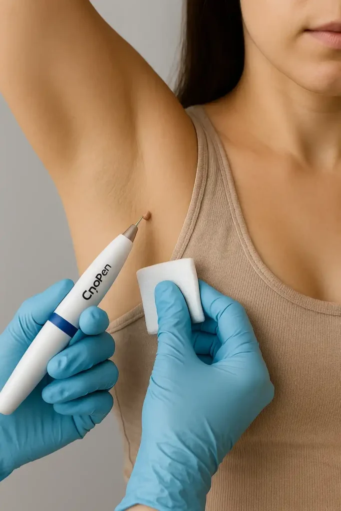 woman having cryopen to remove underarm skin tags Bracknell