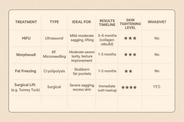 Table showing the comparisons of Skin tightening Bracknell treatment options.